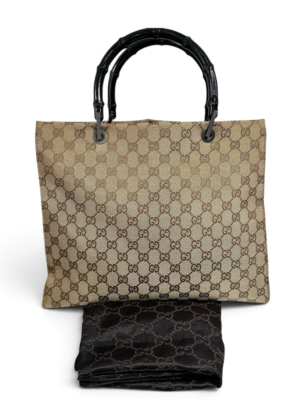 Gucci Tan GG Monogram Canvas & Black Bamboo Large Tote Bag w.Dust Bag